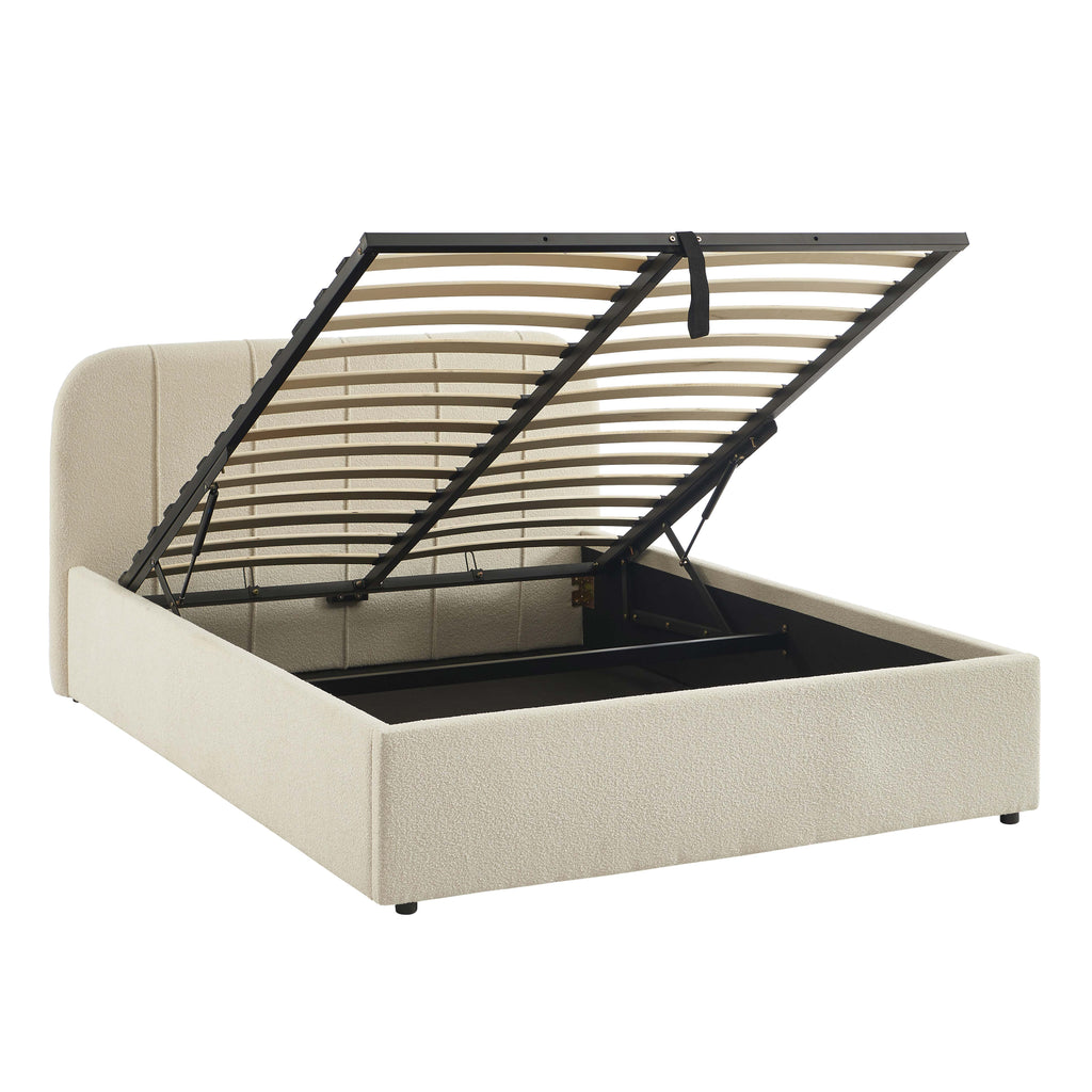 YUME Upholstered Storage Bed with Slatted Base – Beige