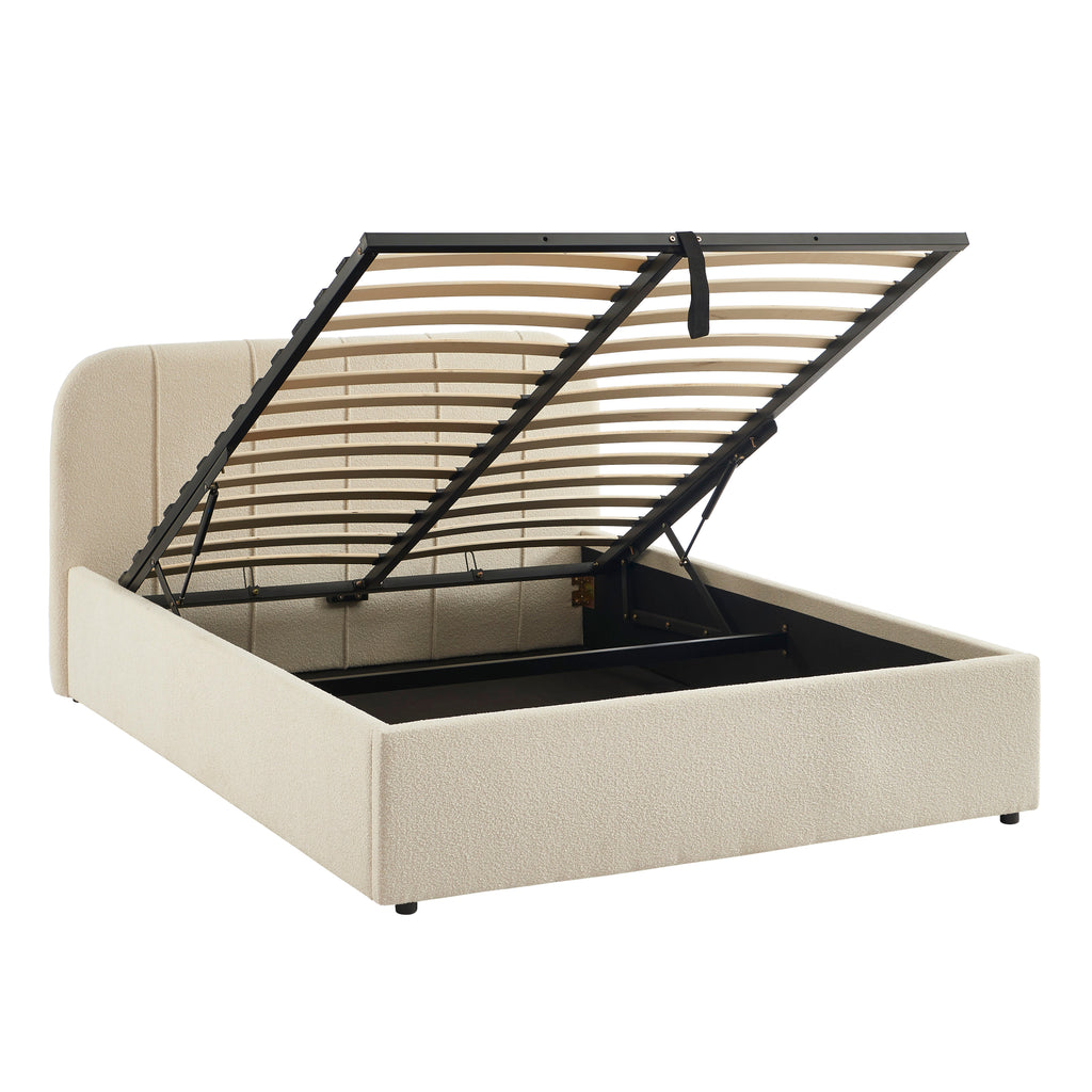 YUME Upholstered Storage Bed with Slatted Base – Beige