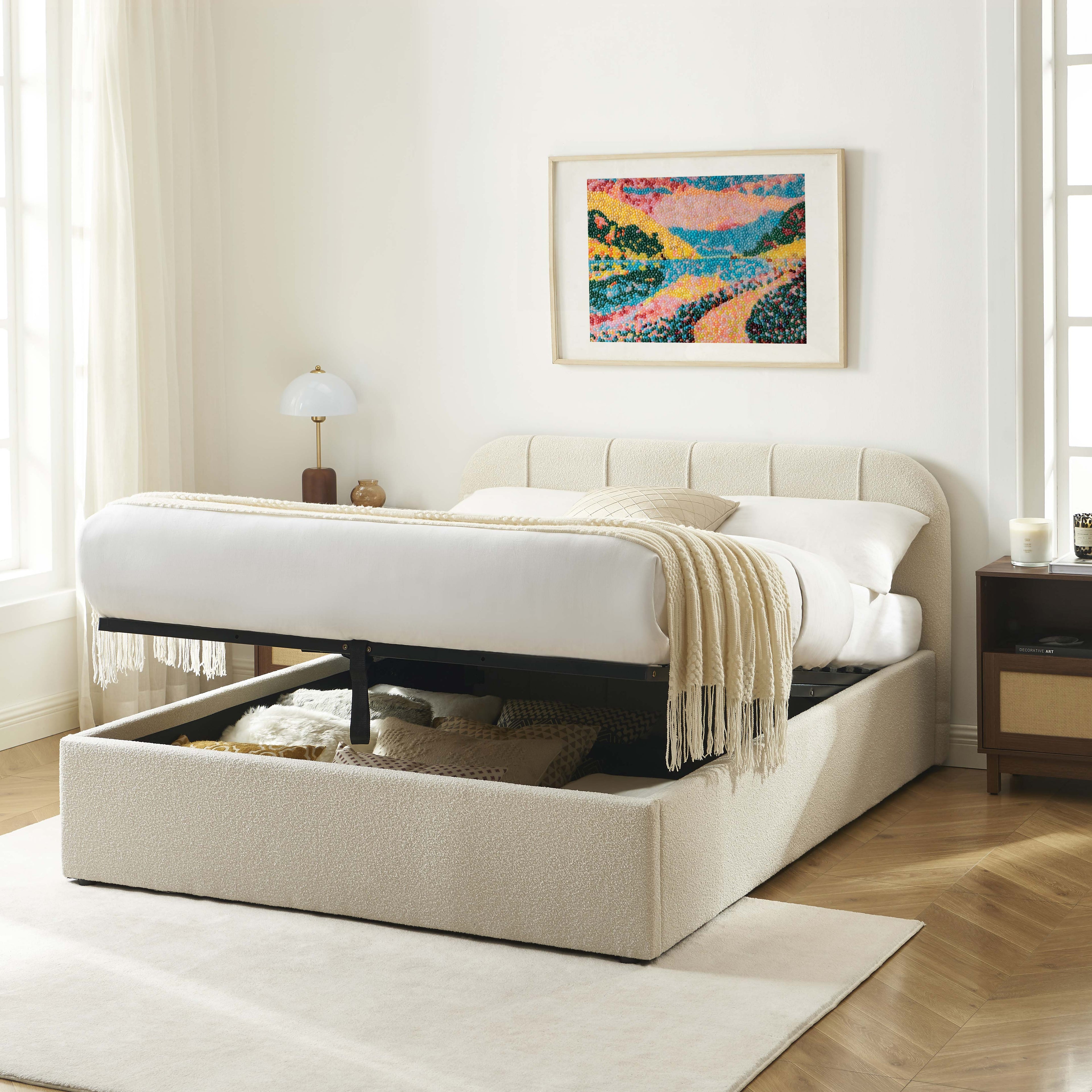 YUME Upholstered Storage Bed with Slatted Base – Beige