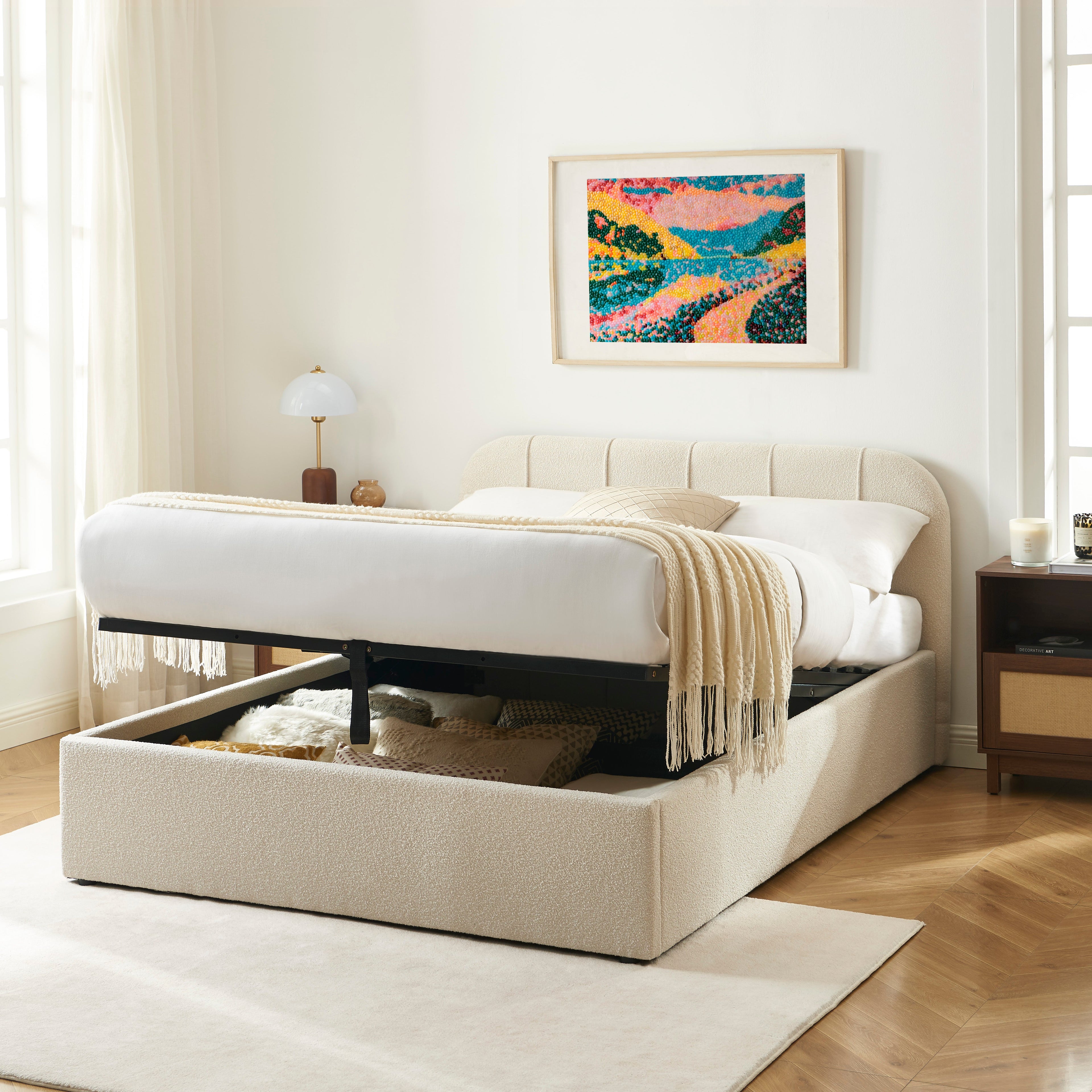 YUME Upholstered Storage Bed with Slatted Base – Beige