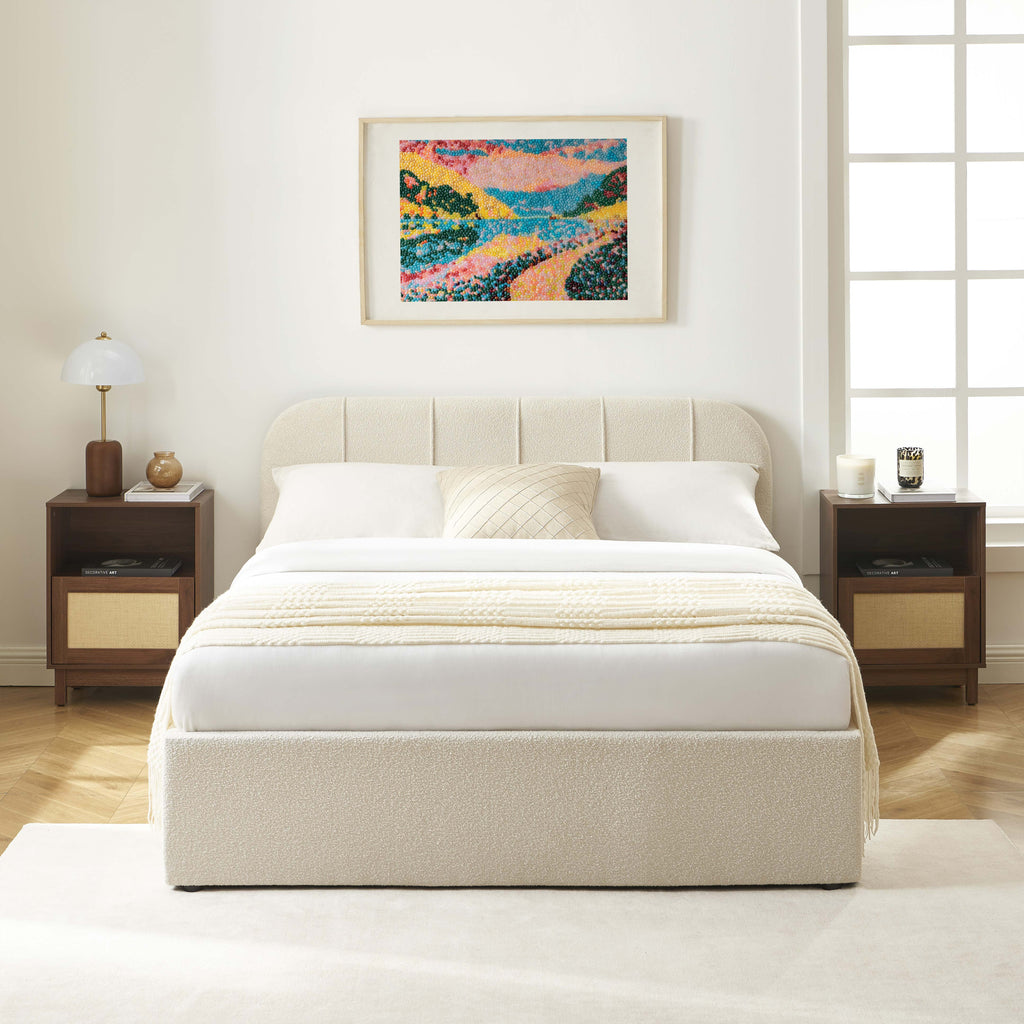 YUME Upholstered Storage Bed with Slatted Base – Beige