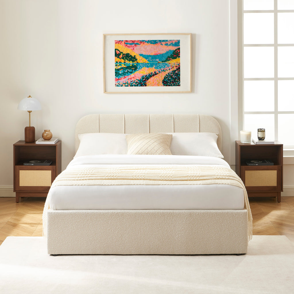 YUME Upholstered Storage Bed with Slatted Base – Beige