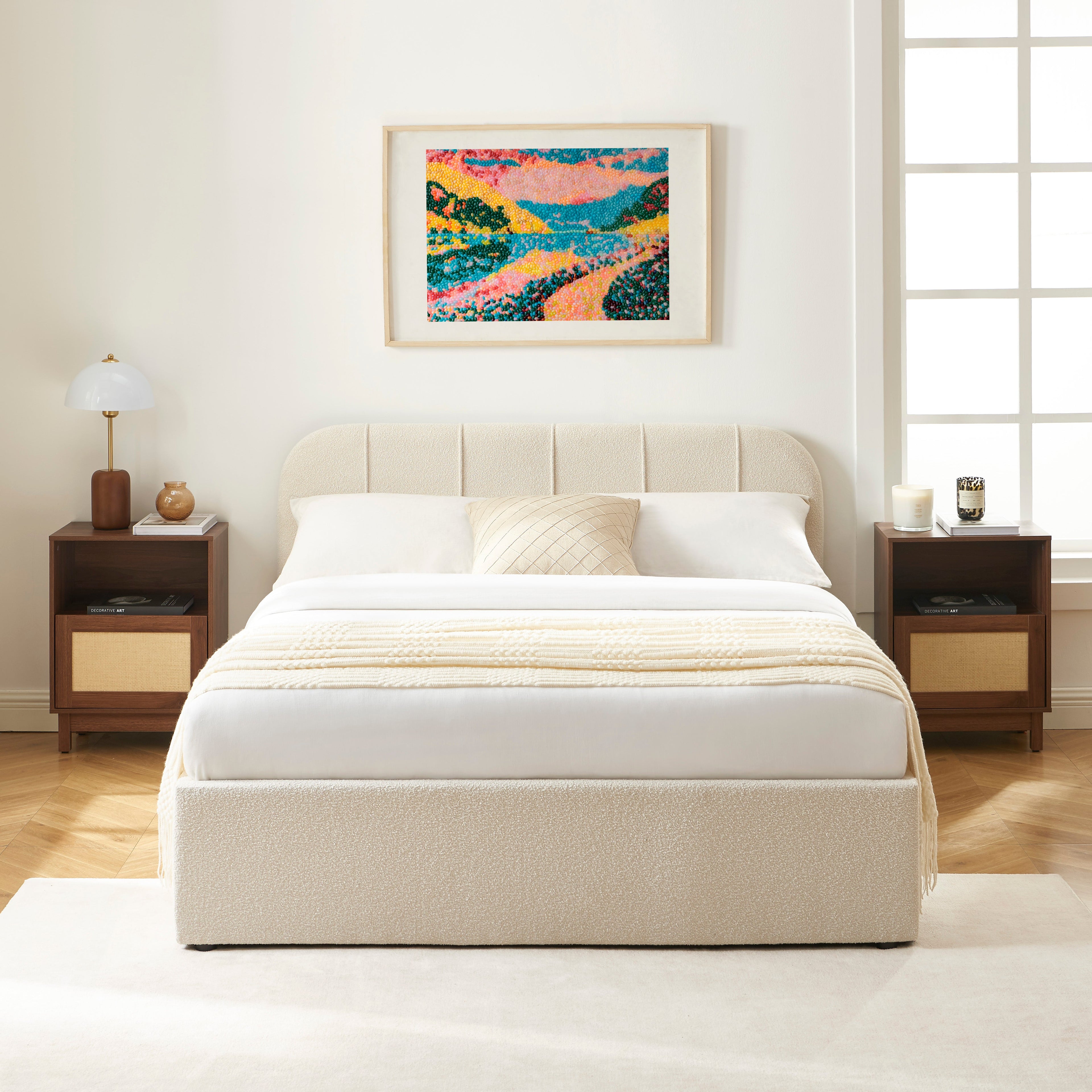 YUME Upholstered Storage Bed with Slatted Base – Beige