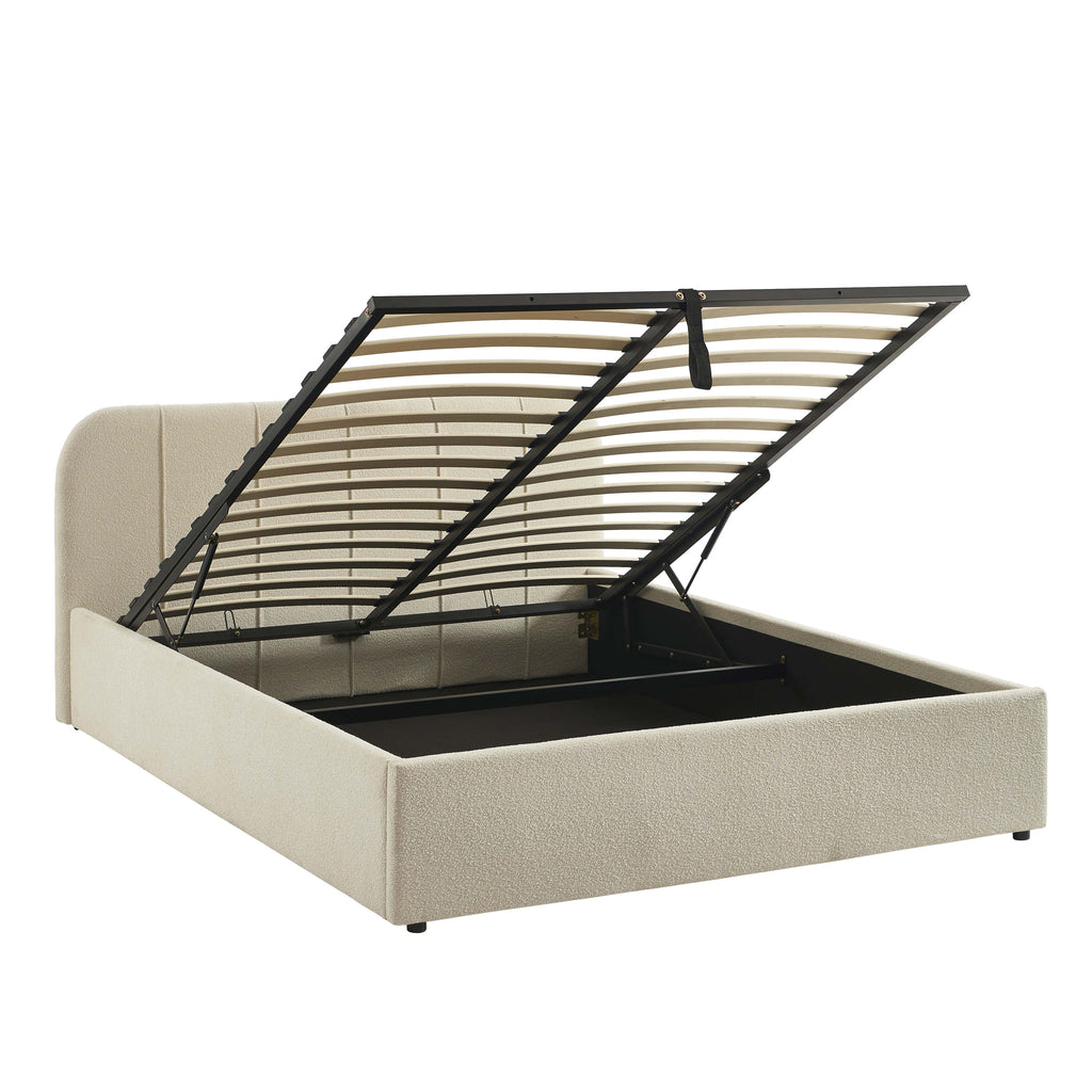 YUME Upholstered Storage Bed with Slatted Base – Beige