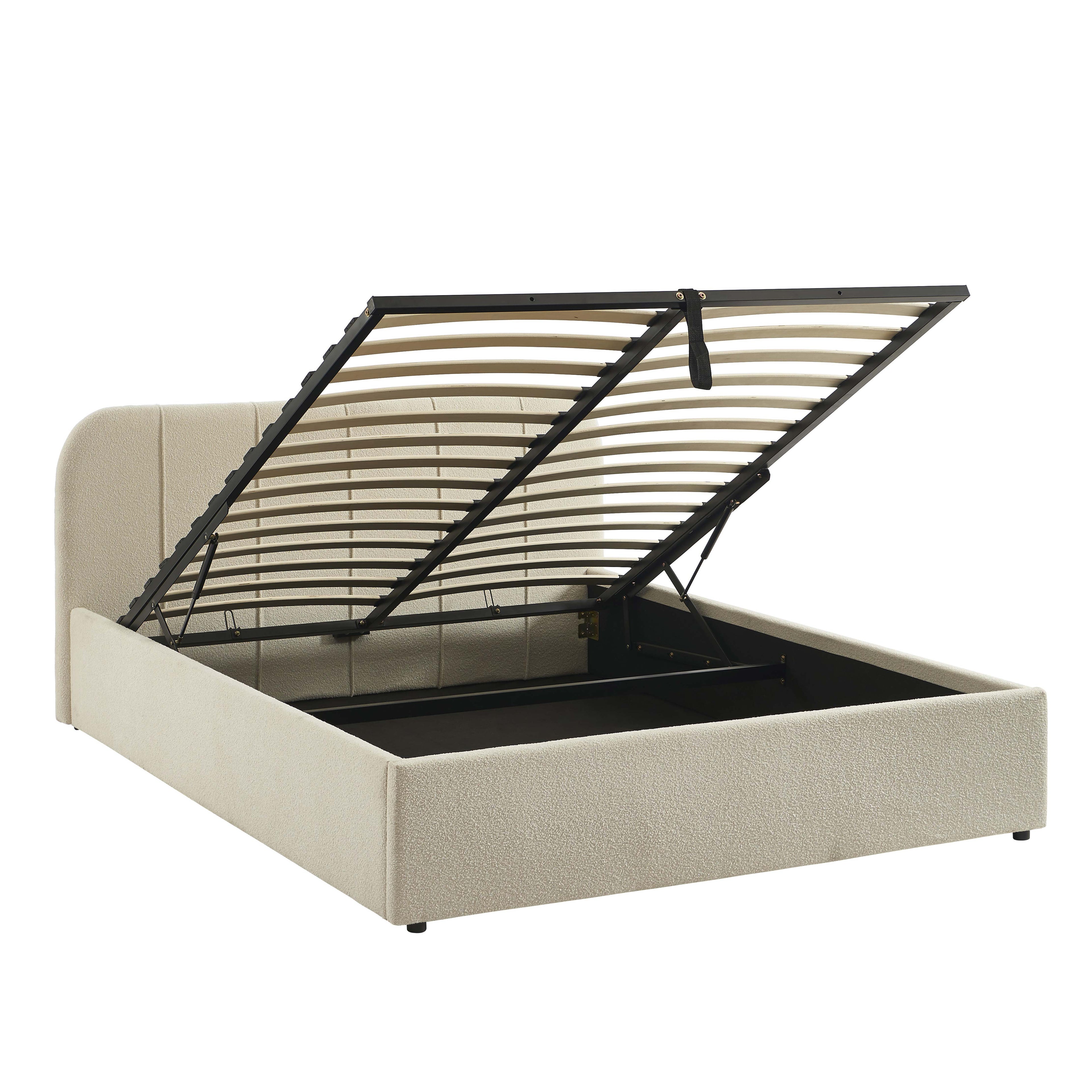 YUME Upholstered Storage Bed with Slatted Base – Beige