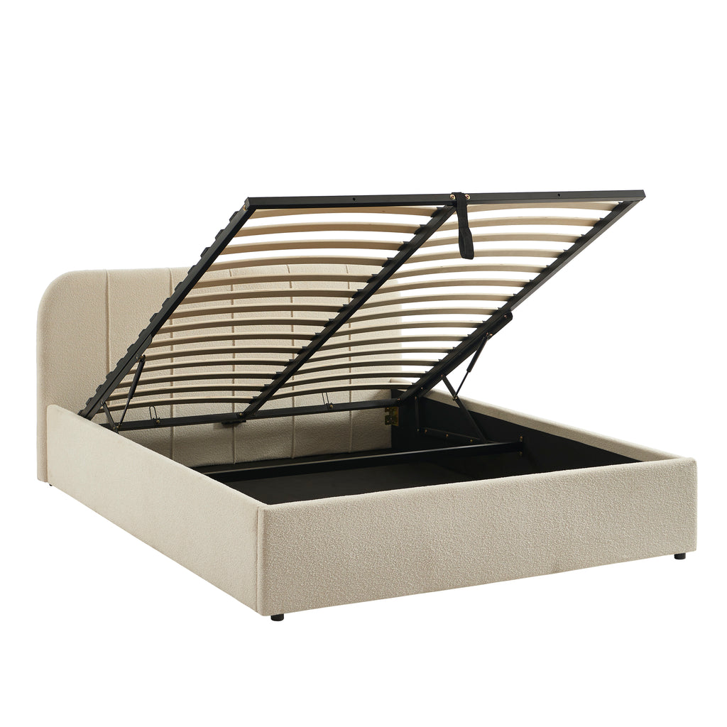 YUME Upholstered Storage Bed with Slatted Base – Beige