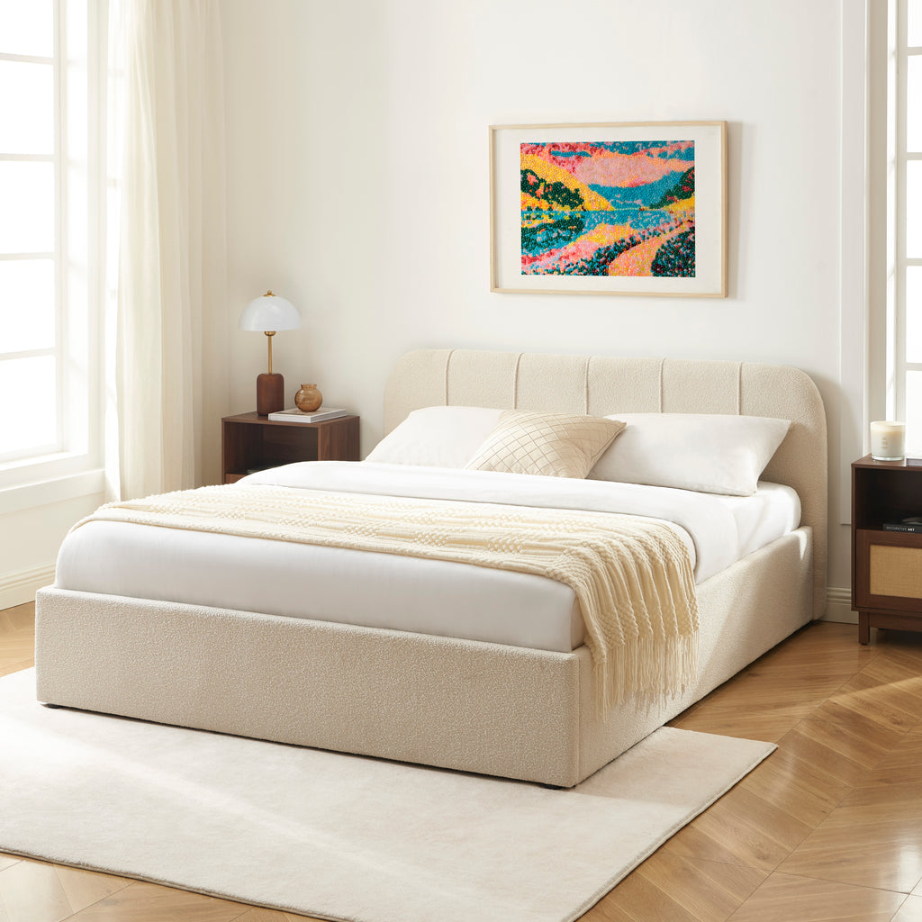 YUME Upholstered Storage Bed with Slatted Base – Beige