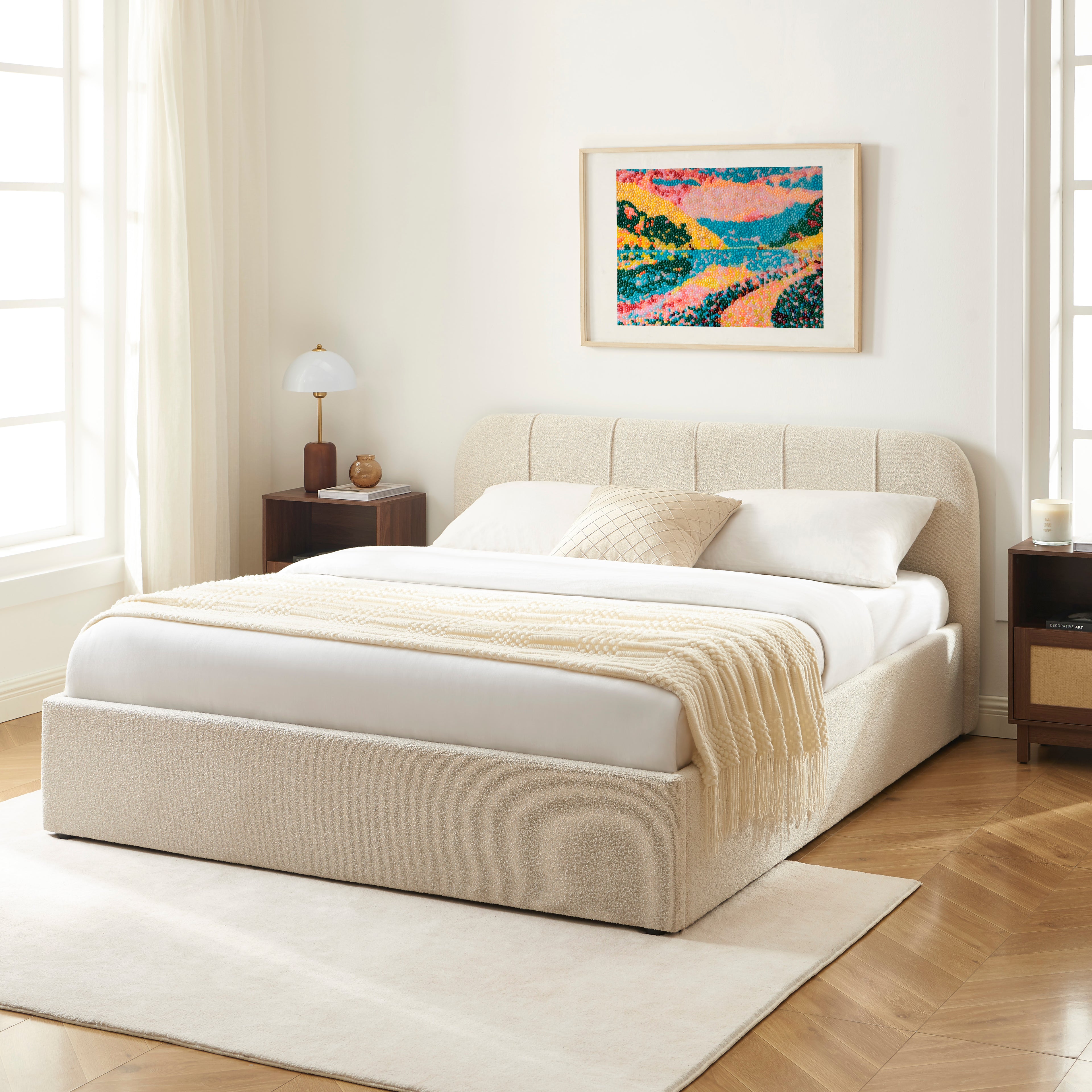 YUME Upholstered Storage Bed with Slatted Base – Beige