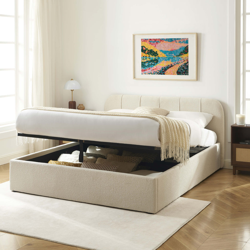 YUME Upholstered Storage Bed with Slatted Base – Beige