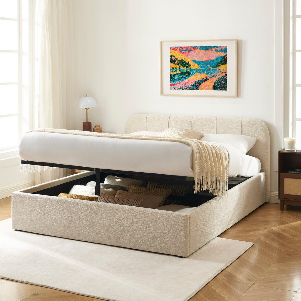 YUME Upholstered Storage Bed with Slatted Base – Beige