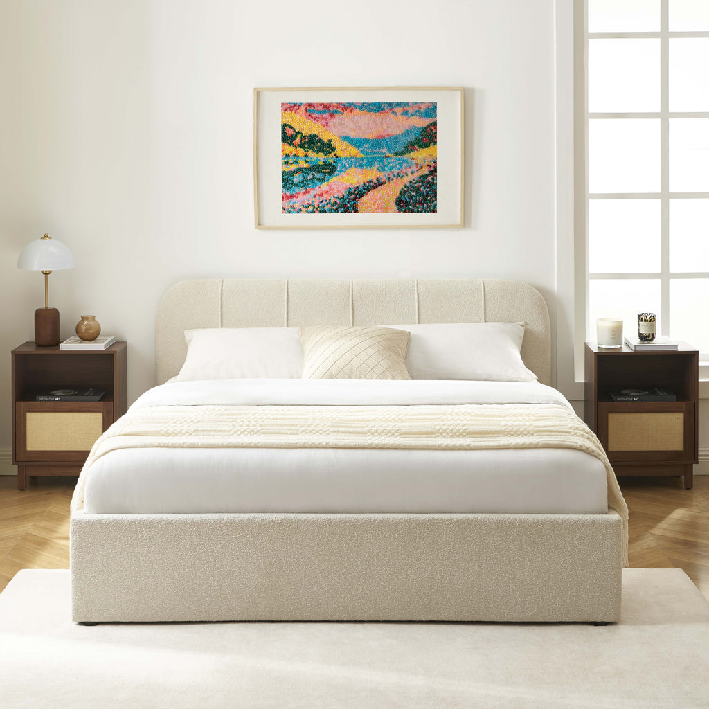 YUME Upholstered Storage Bed with Slatted Base – Beige