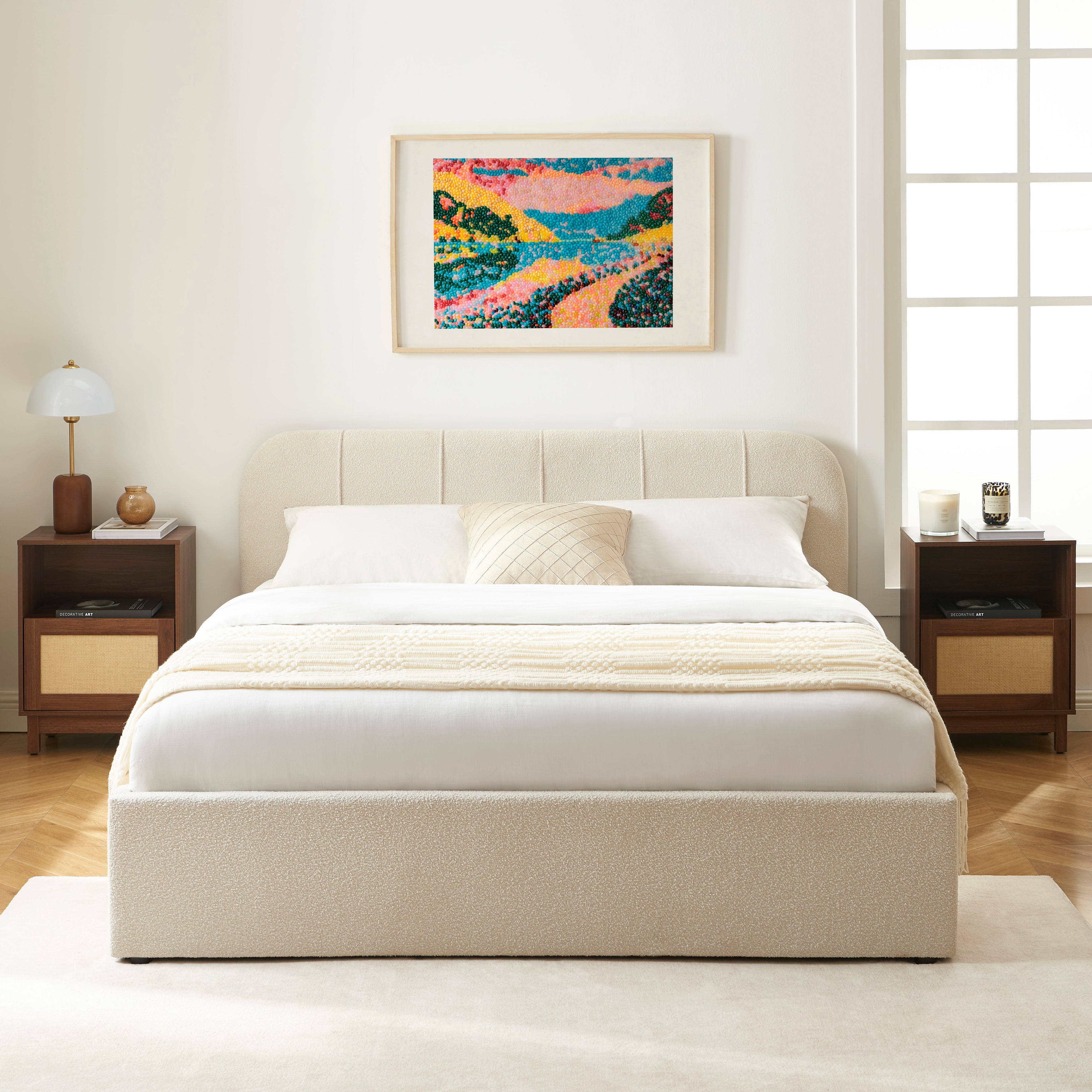 YUME Upholstered Storage Bed with Slatted Base – Beige
