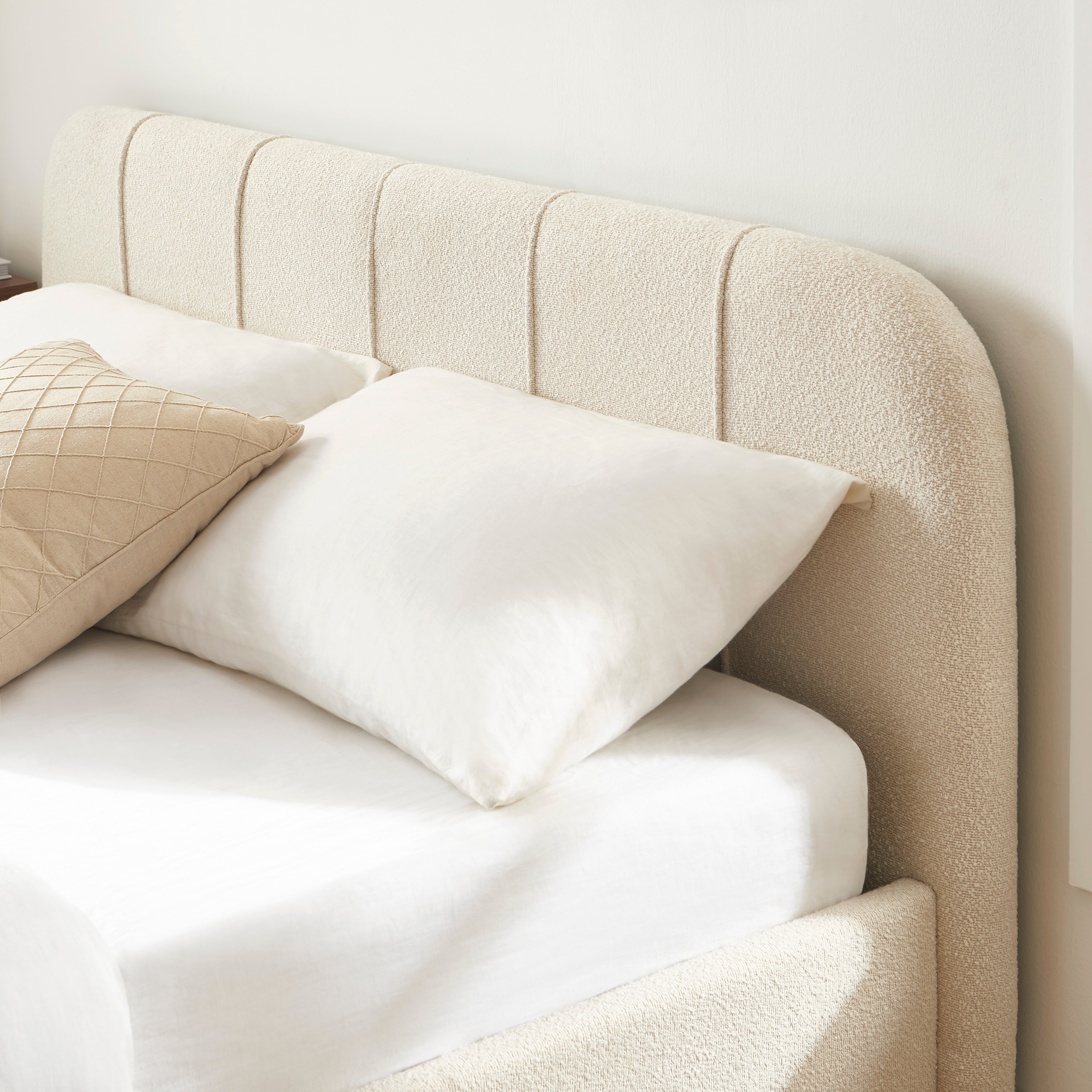 YUME Upholstered Storage Bed with Slatted Base – Beige