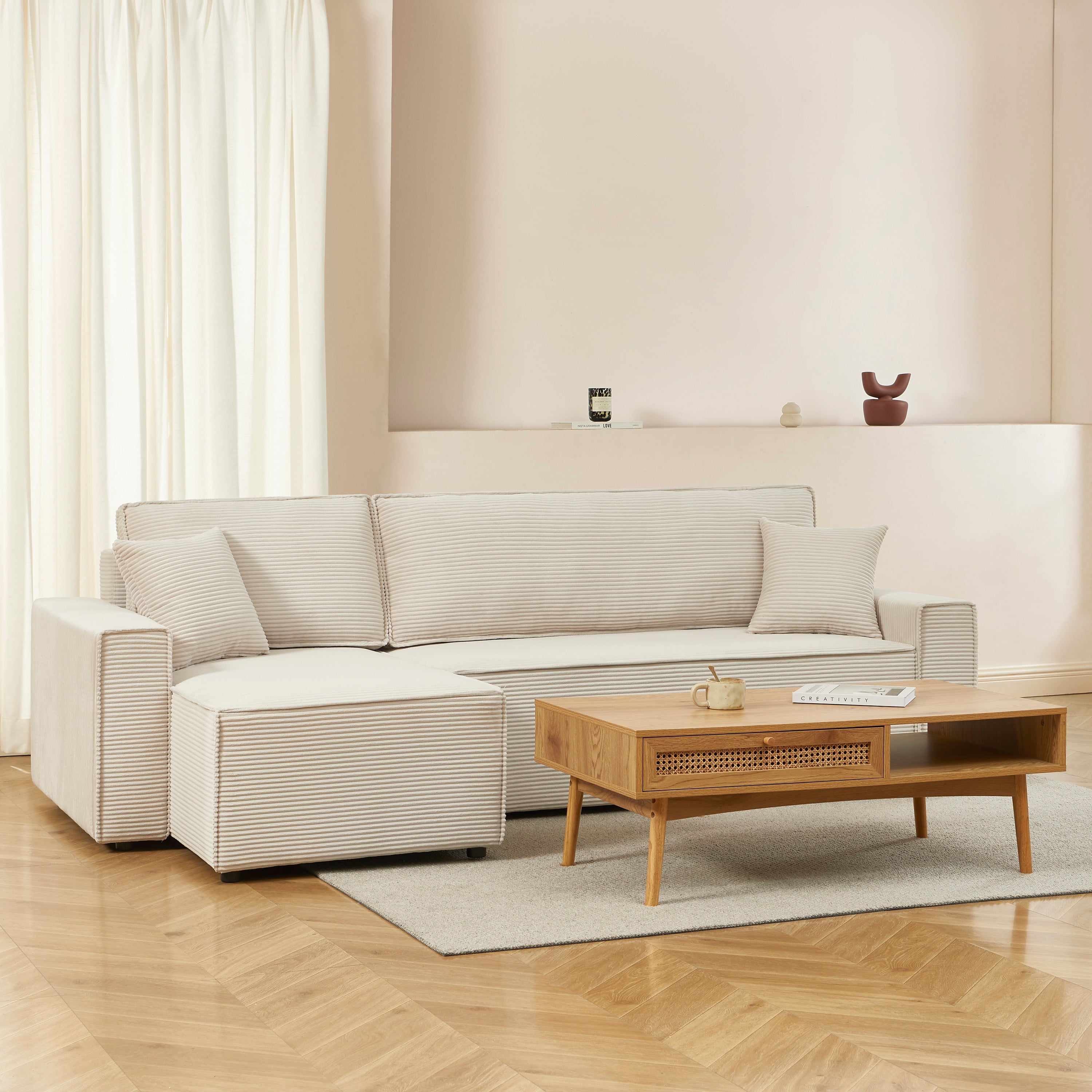Left-opening Convertible Corner Sofa Zola 4 Seater Velvet Beige – Beige