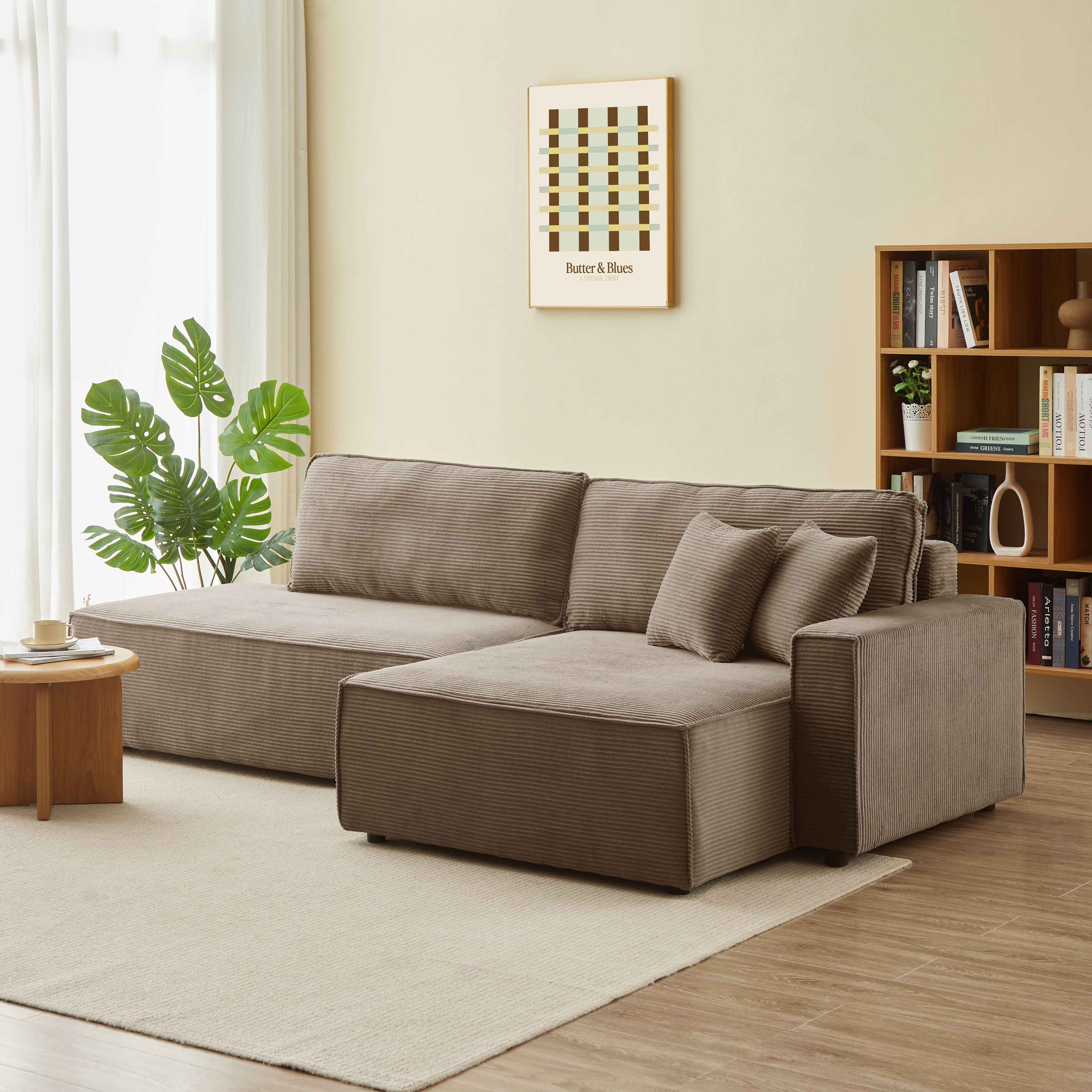 ZOLA Right-Facing Convertible Sectional Sleeper Sofa – Corduroy Velvet Living Room Furniture