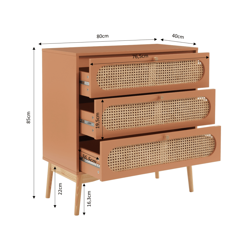 SIXTINE 3-Drawer Chest of Drawers 31.5" - Terracotta