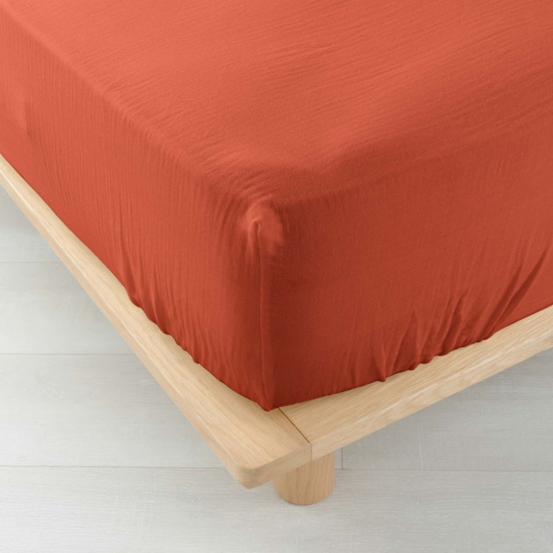 GUSTA fitted sheet in cotton gauze, 63" x 78.7" - Terracotta