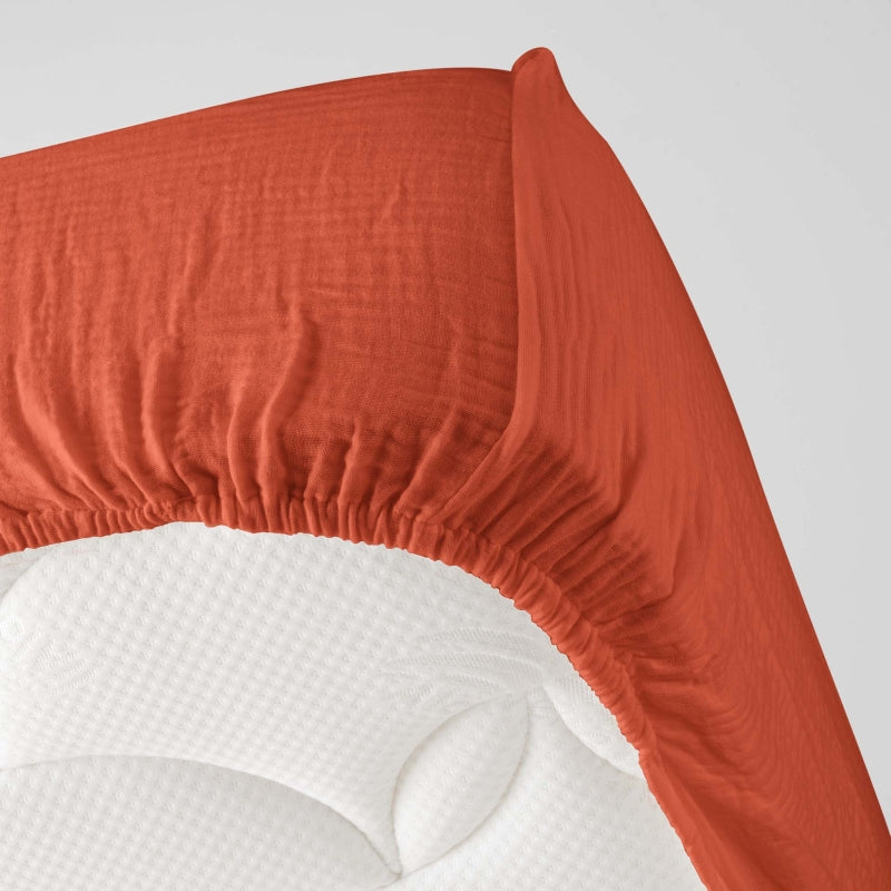 GUSTA fitted sheet in cotton gauze, 63" x 78.7" - Terracotta