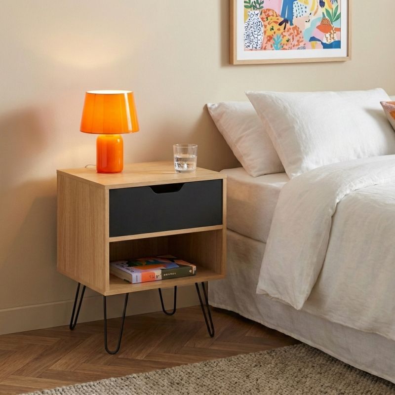 Set of 2 DUO nightstands in black and oak finish - Light wood