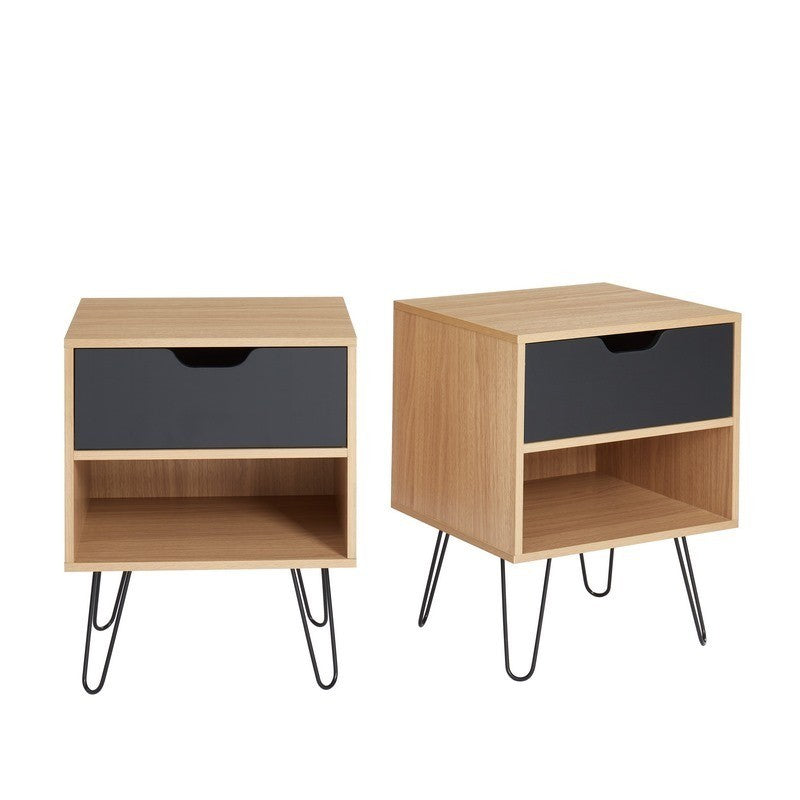 Set of 2 DUO nightstands in black and oak finish - Light wood