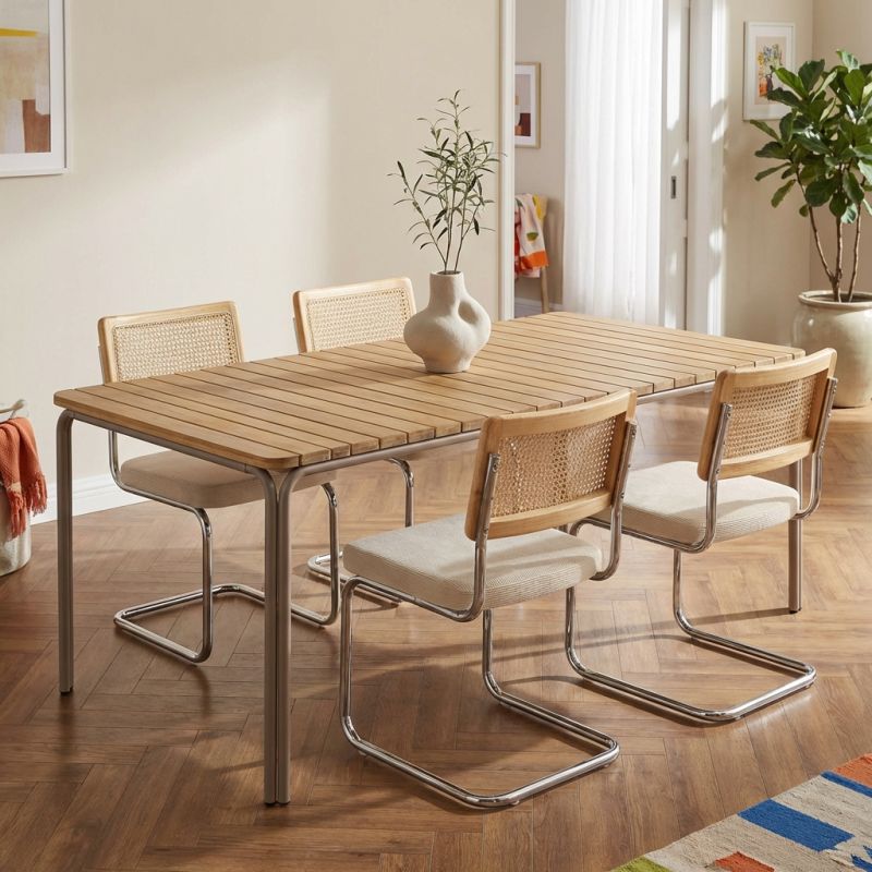 ASTI Acacia wood dining table set with 4 ELLA chairs - Wood/Beige