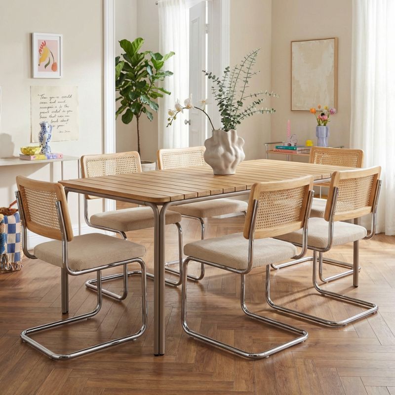 ASTI Acacia wood dining table set with 6 ELLA chairs - Wood/Beige